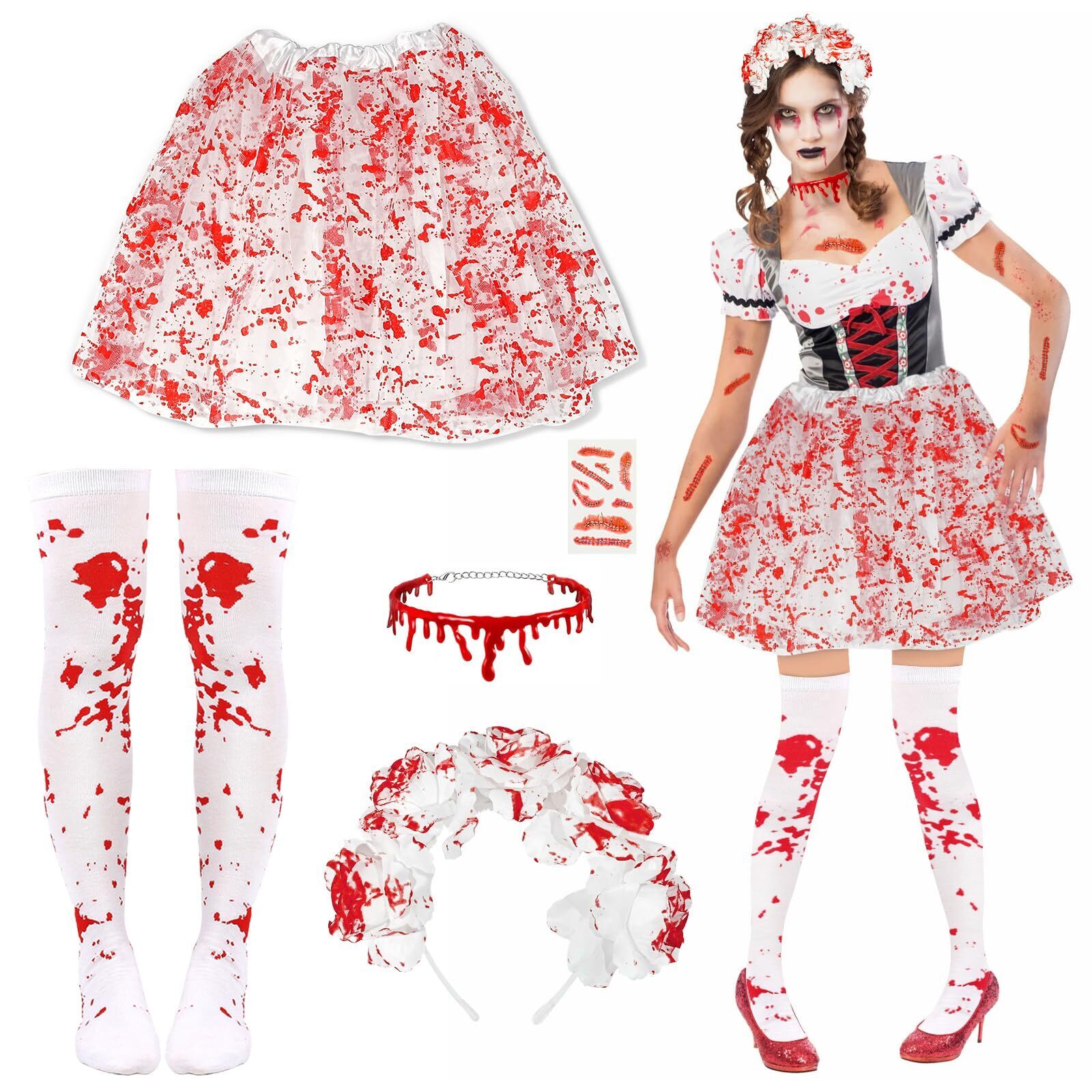8698 5pcs Halloween Cosplay Costume Set,Tutu Skirt Blood Drop